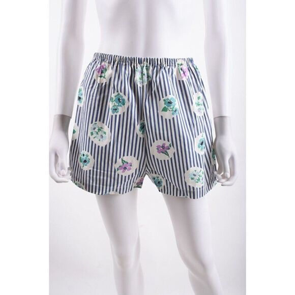Vintage Womens PJ Pajama Shirt & Shorts Set M Blue White Striped Floral - Picture 9 of 13
